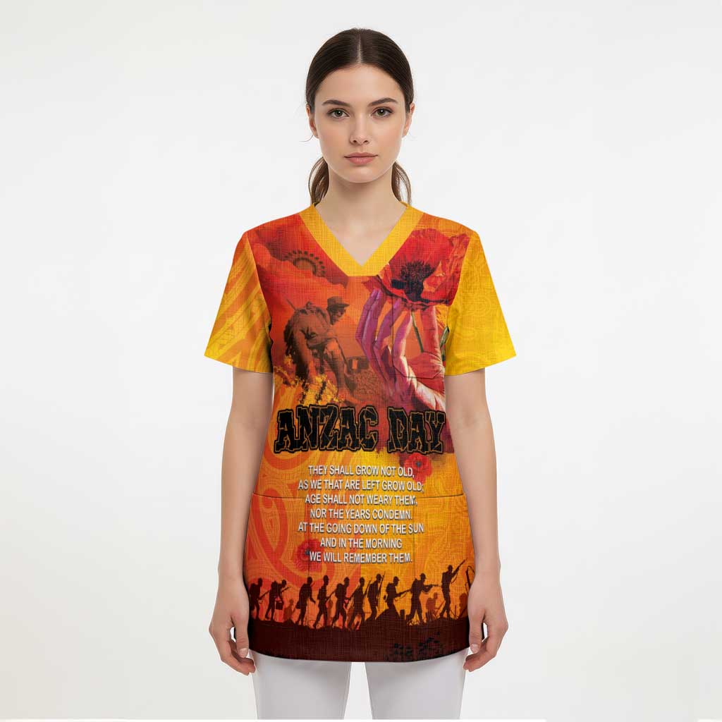 Australia and New Zealand ANZAC Day Scrub Top Soldiers Memories - Red Poppies with Aboriginal and Maori Art LT03 - Polynesian Pride