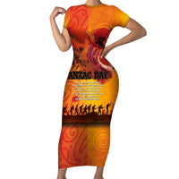 Australia and New Zealand ANZAC Day Short Sleeve Bodycon Dress Soldiers Memories - Red Poppies with Aboriginal and Maori Art LT03 Long Dress Orange-Yellow - Polynesian Pride