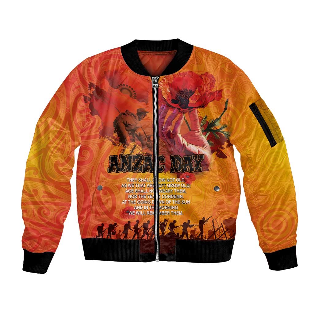 Australia and New Zealand ANZAC Day Sleeve Zip Bomber Jacket Soldiers Memories - Red Poppies with Aboriginal and Maori Art LT03 Unisex Orange-Yellow - Polynesian Pride