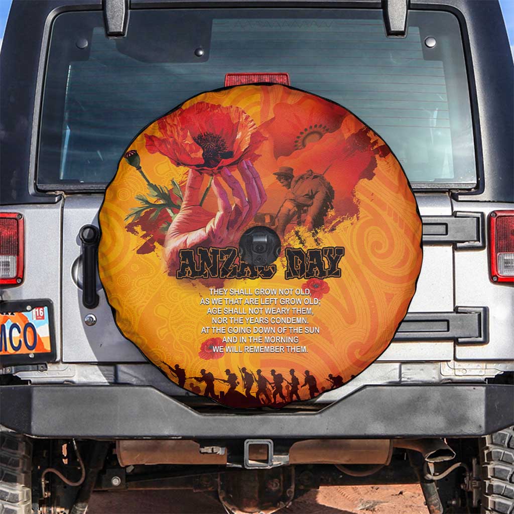 Australia and New Zealand ANZAC Day Spare Tire Cover Soldiers Memories - Red Poppies with Aboriginal and Maori Art LT03 Orange-Yellow - Polynesian Pride