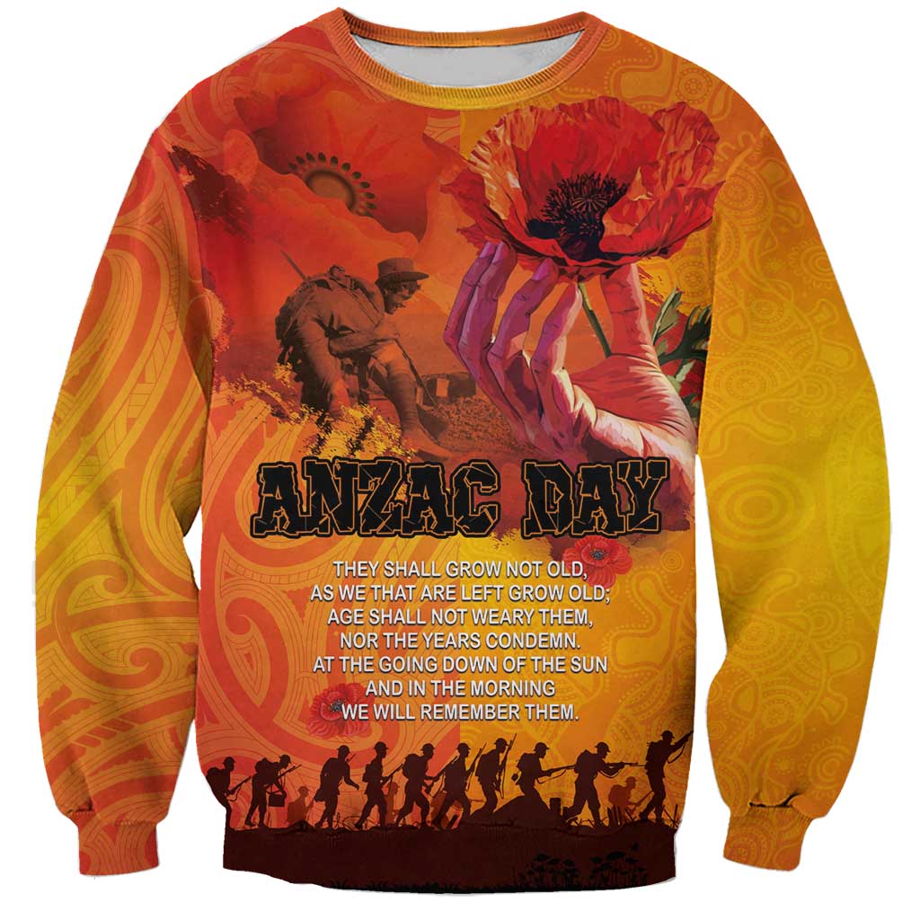 Australia and New Zealand ANZAC Day Sweatshirt Soldiers Memories - Red Poppies with Aboriginal and Maori Art LT03 Unisex Orange-Yellow - Polynesian Pride
