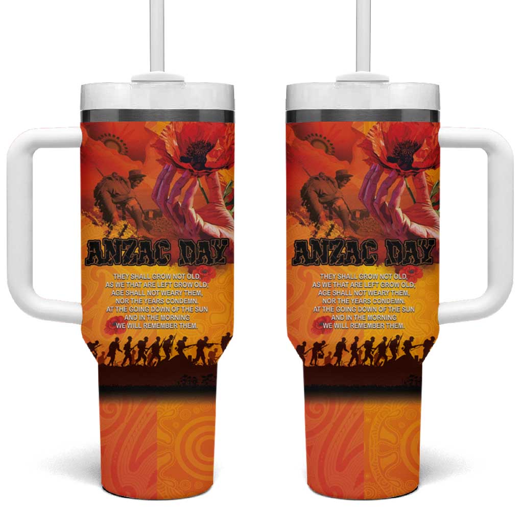 Australia and New Zealand ANZAC Day Tumbler With Handle Soldiers Memories - Red Poppies with Aboriginal and Maori Art LT03 One Size: 40 oz Orange-Yellow - Polynesian Pride