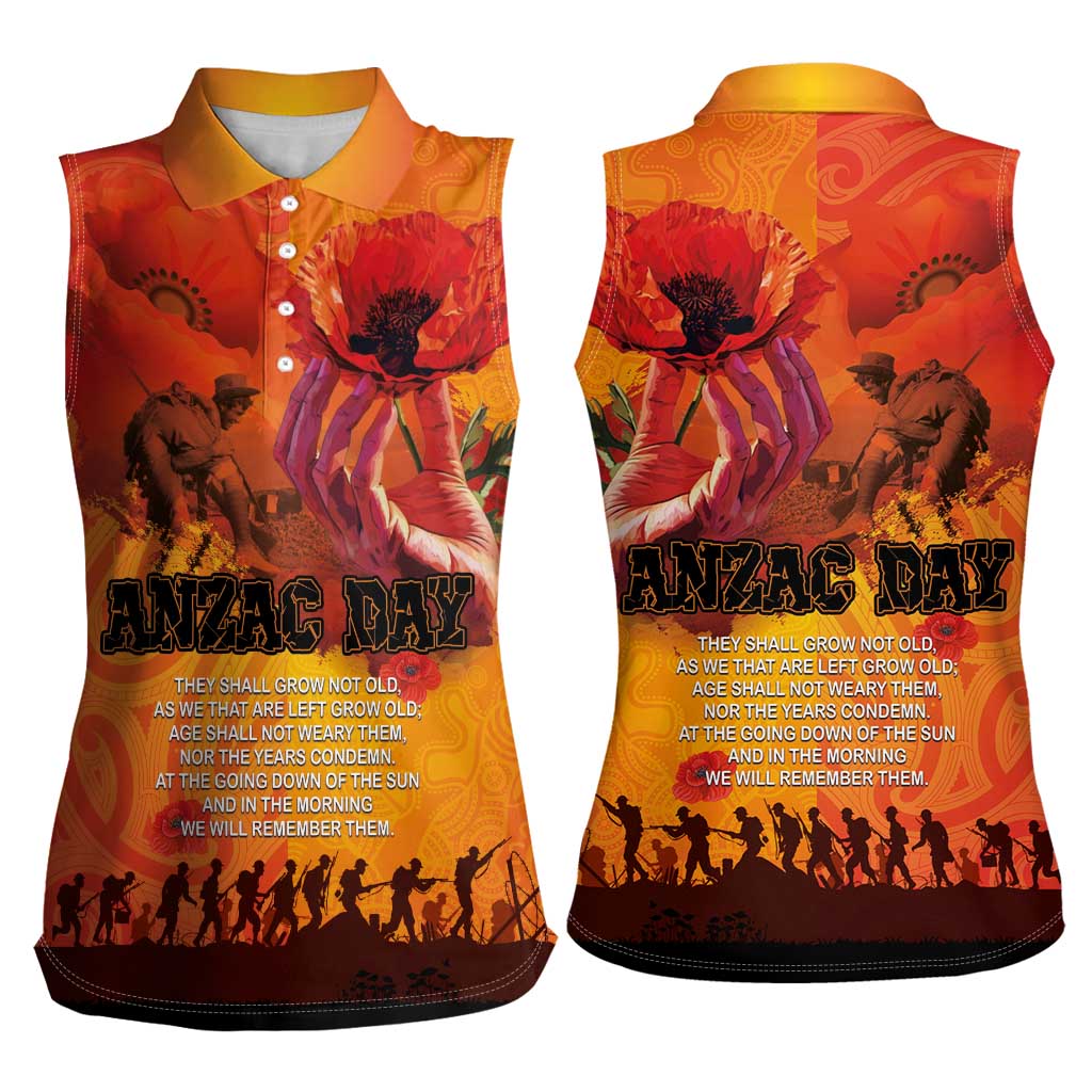 Australia and New Zealand ANZAC Day Women Sleeveless Polo Shirt Soldiers Memories - Red Poppies with Aboriginal and Maori Art LT03 - Polynesian Pride