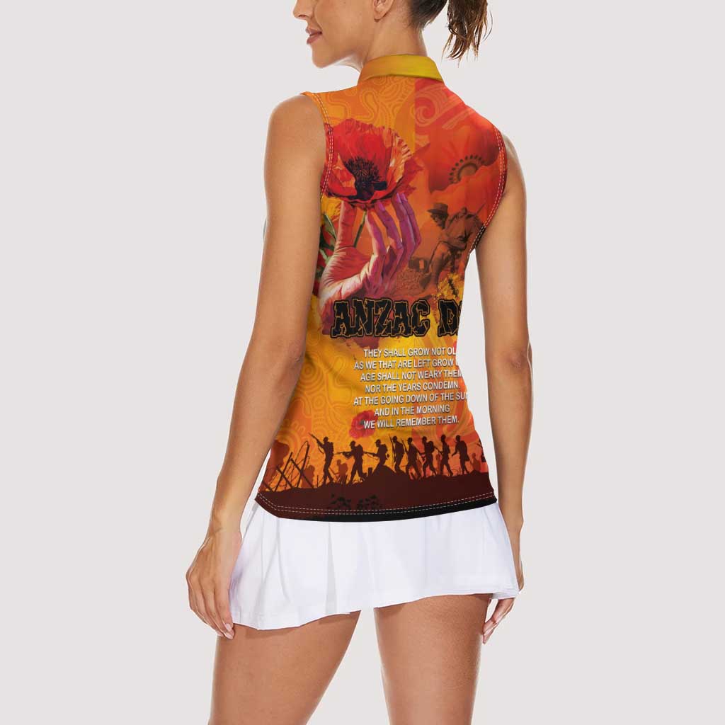 Australia and New Zealand ANZAC Day Women Sleeveless Polo Shirt Soldiers Memories - Red Poppies with Aboriginal and Maori Art LT03 - Polynesian Pride