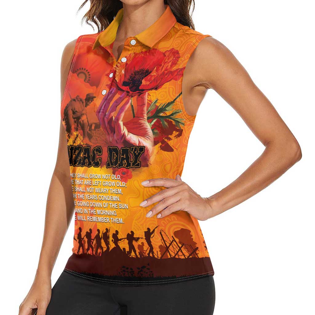 Australia and New Zealand ANZAC Day Women Sleeveless Polo Shirt Soldiers Memories - Red Poppies with Aboriginal and Maori Art LT03 - Polynesian Pride