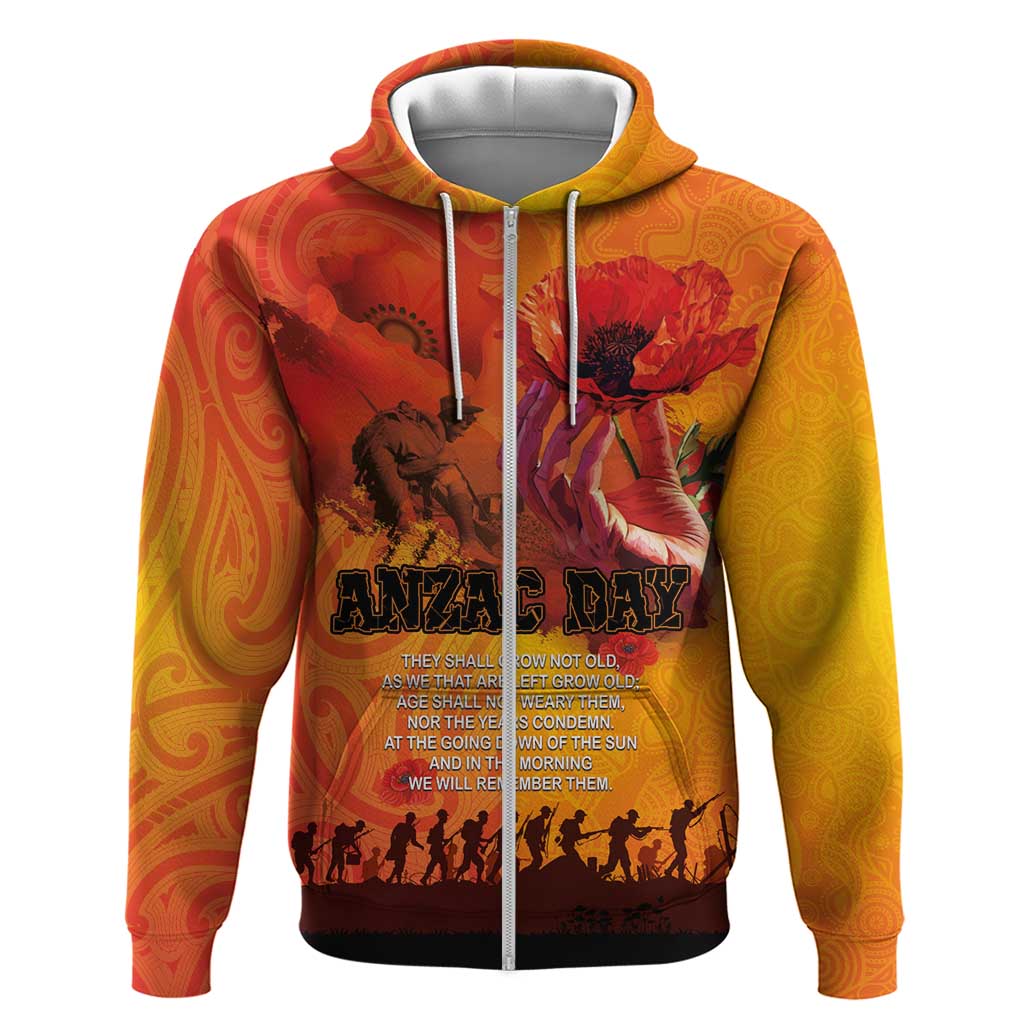 Australia and New Zealand ANZAC Day Zip Hoodie Soldiers Memories - Red Poppies with Aboriginal and Maori Art LT03 Zip Hoodie Orange-Yellow - Polynesian Pride