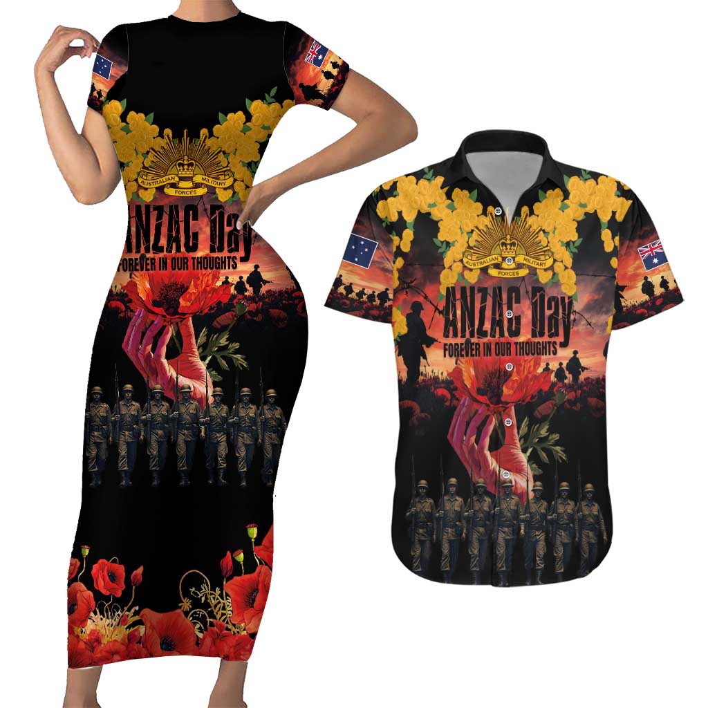 Australia ANZAC Day Couples Matching Short Sleeve Bodycon Dress and Hawaiian Shirt Forever in My Thoughts LT03 Black - Polynesian Pride
