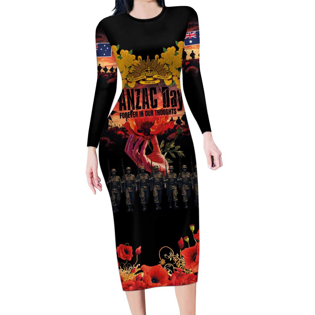 Australia ANZAC Day Family Matching Long Sleeve Bodycon Dress and Hawaiian Shirt Forever in My Thoughts LT03 Mom's Dress Black - Polynesian Pride