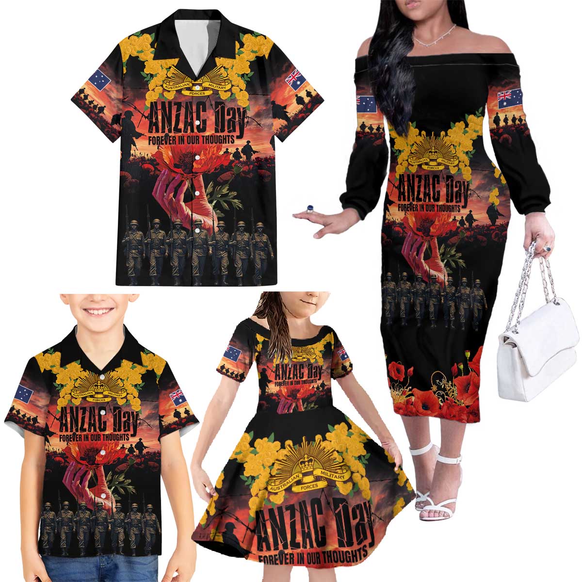 Australia ANZAC Day Family Matching Off The Shoulder Long Sleeve Dress and Hawaiian Shirt Forever in My Thoughts LT03 - Polynesian Pride