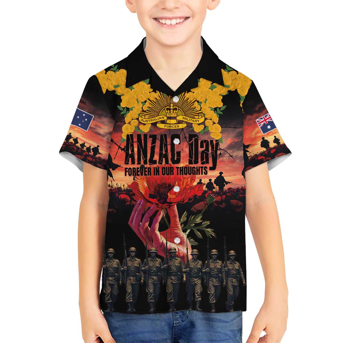 Australia ANZAC Day Family Matching Off The Shoulder Long Sleeve Dress and Hawaiian Shirt Forever in My Thoughts LT03 Son's Shirt Black - Polynesian Pride