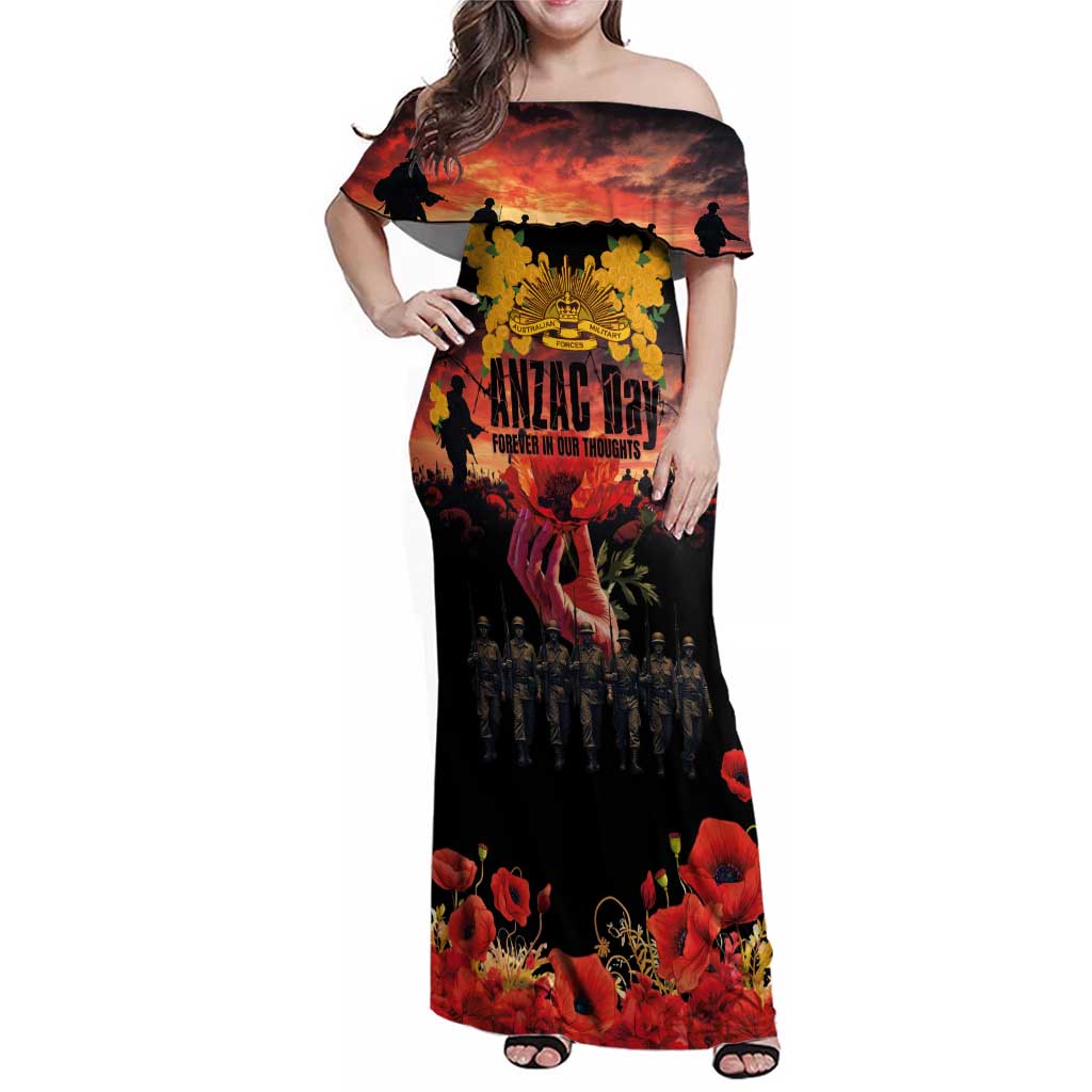 Australia ANZAC Day Family Matching Off Shoulder Maxi Dress and Hawaiian Shirt Forever in My Thoughts LT03 Mom's Dress Black - Polynesian Pride