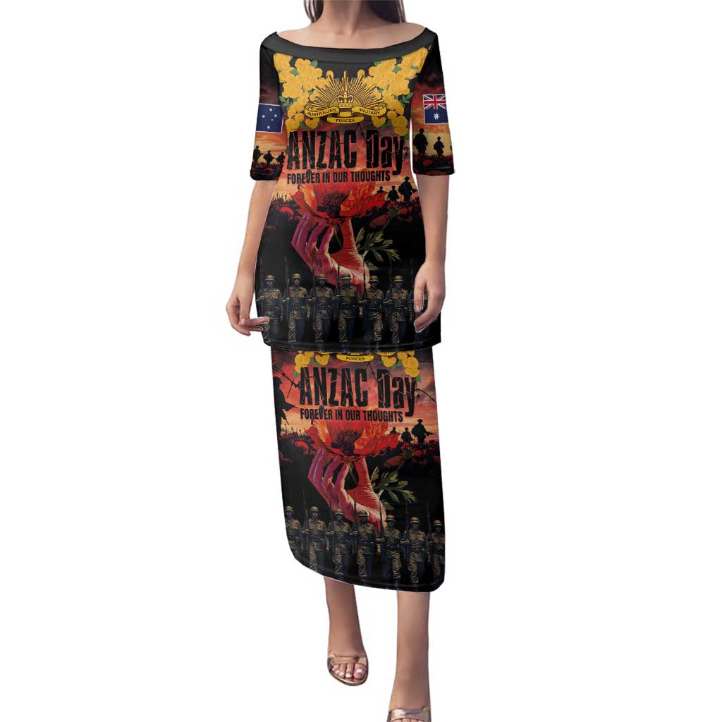 Australia ANZAC Day Family Matching Puletasi and Hawaiian Shirt Forever in My Thoughts LT03 Mom's Dress Black - Polynesian Pride