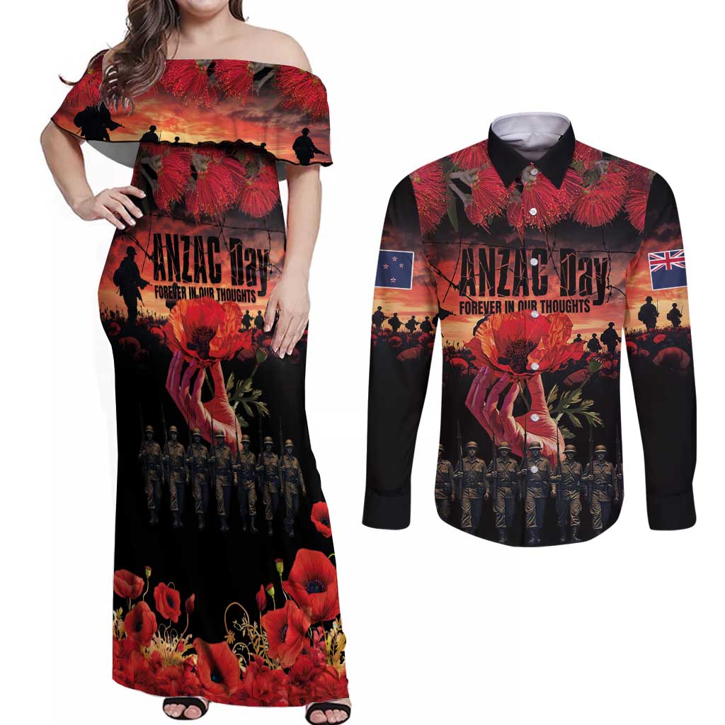 New Zealand ANZAC Day Couples Matching Off Shoulder Maxi Dress and Long Sleeve Button Shirt Forever in My Thoughts LT03 Black - Polynesian Pride