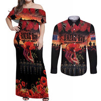 New Zealand ANZAC Day Couples Matching Off Shoulder Maxi Dress and Long Sleeve Button Shirt Forever in My Thoughts LT03 Black - Polynesian Pride
