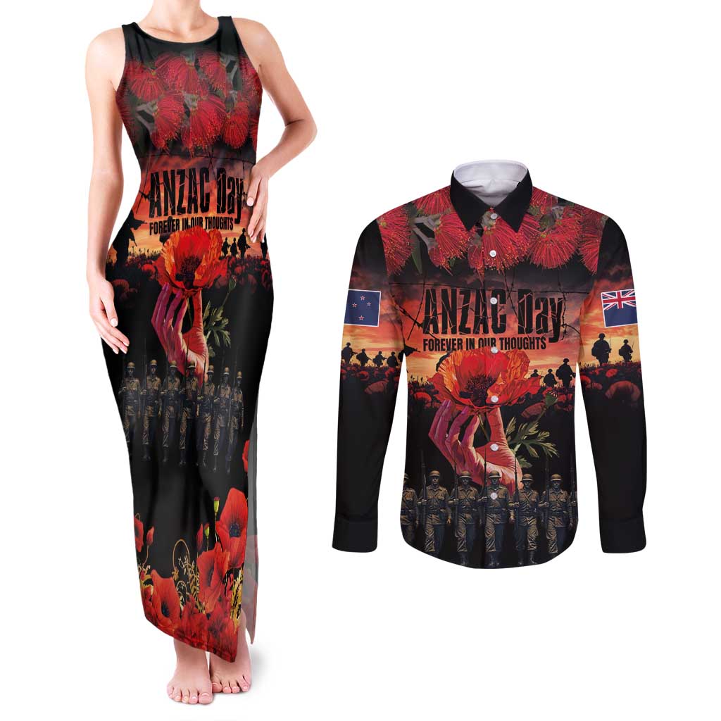 New Zealand ANZAC Day Couples Matching Tank Maxi Dress and Long Sleeve Button Shirt Forever in My Thoughts LT03 Black - Polynesian Pride