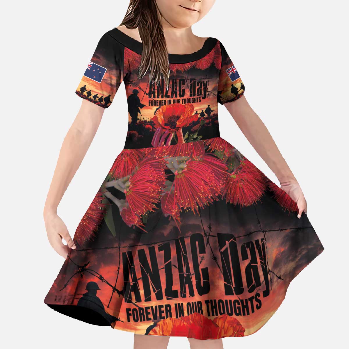 New Zealand ANZAC Day Family Matching Off The Shoulder Long Sleeve Dress and Hawaiian Shirt Forever in My Thoughts LT03 Daughter's Dress Black - Polynesian Pride