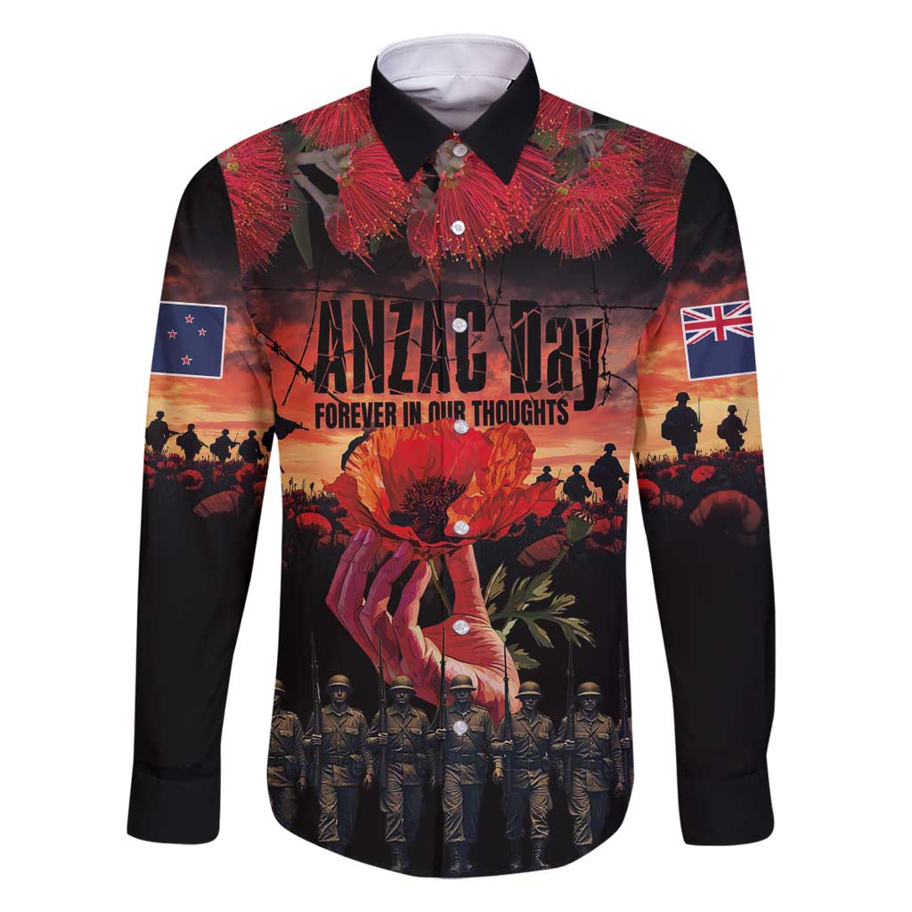 New Zealand ANZAC Day Family Matching Off Shoulder Short Dress and Hawaiian Shirt Forever in My Thoughts LT03 Dad's Shirt - Long Sleeve Black - Polynesian Pride