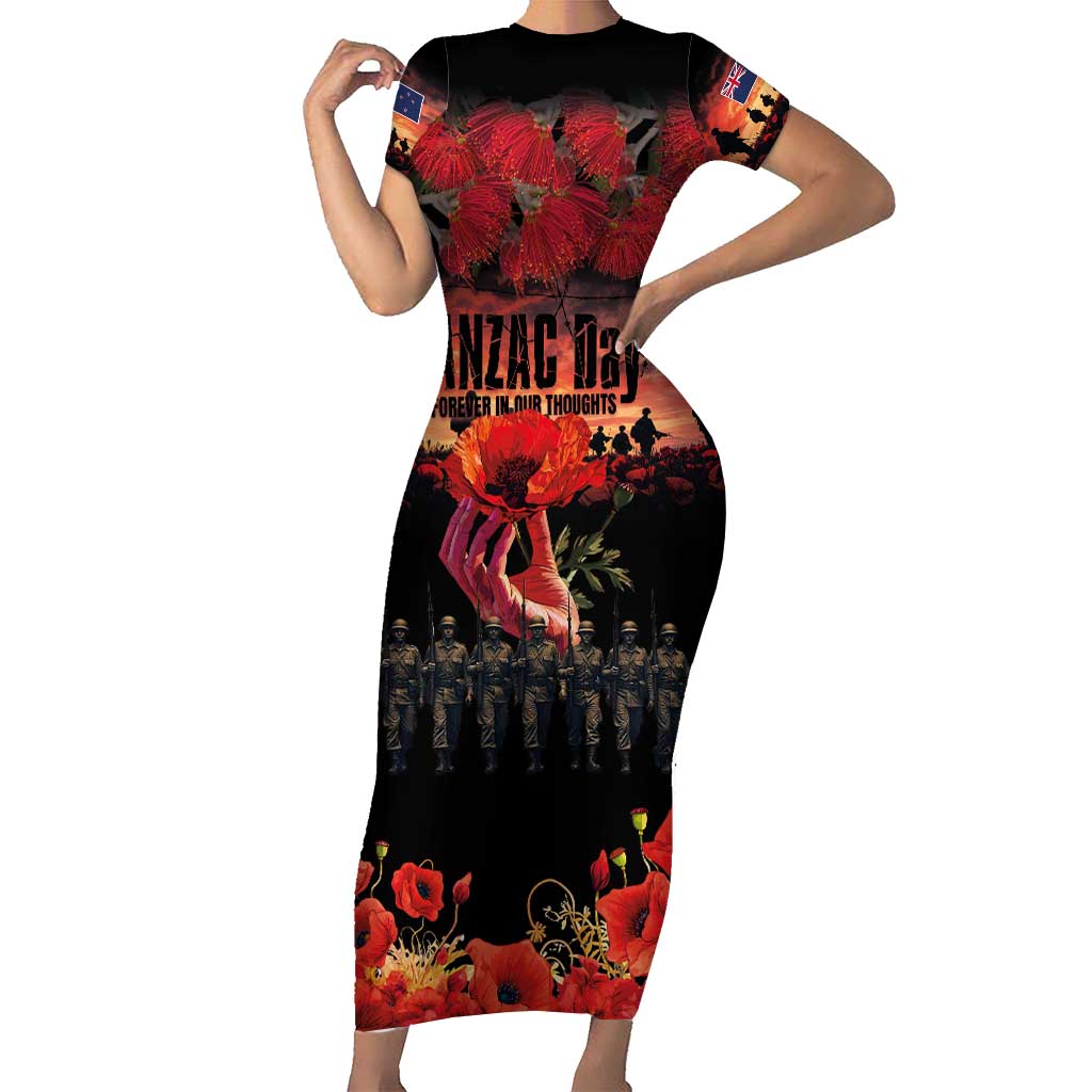 New Zealand ANZAC Day Family Matching Short Sleeve Bodycon Dress and Hawaiian Shirt Forever in My Thoughts LT03 Mom's Dress Black - Polynesian Pride