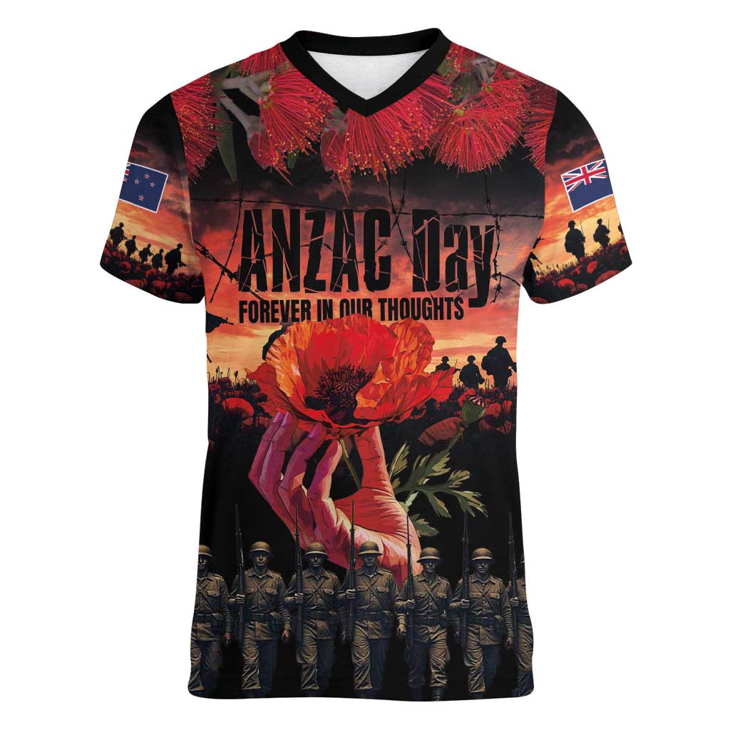 New Zealand ANZAC Day Women V-Neck T-Shirt Forever in My Thoughts LT03 Female Black - Polynesian Pride