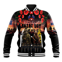 Australia and New Zealand ANZAC Day Baseball Jacket Kangaroo and Kiwi Bird Soldier - Forever in My Thoughts LT03 Unisex Black - Polynesian Pride