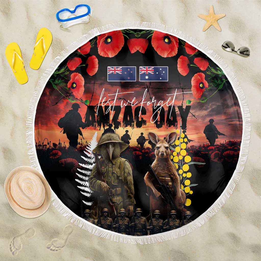 Australia and New Zealand ANZAC Day Beach Blanket Kangaroo and Kiwi Bird Soldier - Forever in My Thoughts LT03 One Size 150cm Black - Polynesian Pride