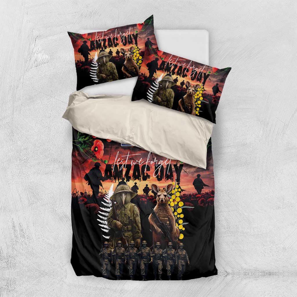 Australia and New Zealand ANZAC Day Bedding Set Kangaroo and Kiwi Bird Soldier - Forever in My Thoughts LT03 US Twin 172cm x 218cm Black - Polynesian Pride
