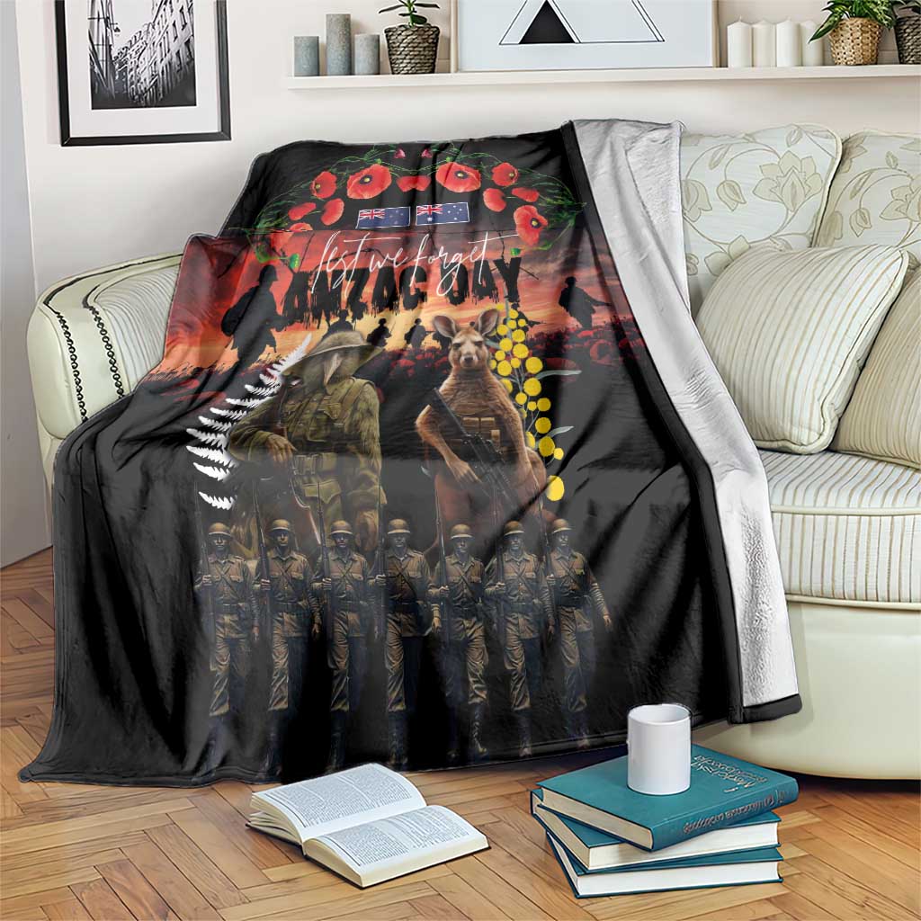 Australia and New Zealand ANZAC Day Blanket Kangaroo and Kiwi Bird Soldier - Forever in My Thoughts LT03 Black - Polynesian Pride