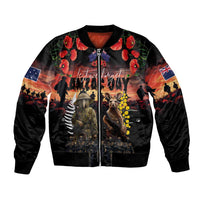 Australia and New Zealand ANZAC Day Bomber Jacket Kangaroo and Kiwi Bird Soldier - Forever in My Thoughts LT03 Unisex Black - Polynesian Pride