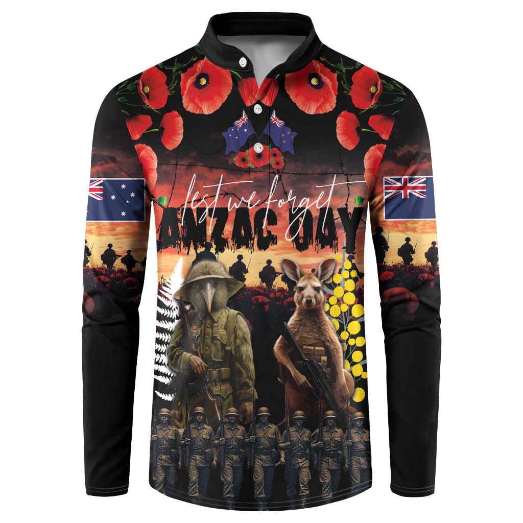 Australia and New Zealand ANZAC Day Button Sweatshirt Kangaroo and Kiwi Bird Soldier - Forever in My Thoughts LT03 Black - Polynesian Pride