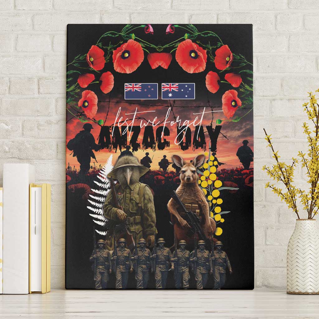 Australia and New Zealand ANZAC Day Canvas Wall Art Kangaroo and Kiwi Bird Soldier - Forever in My Thoughts LT03 Without Frame Black - Polynesian Pride