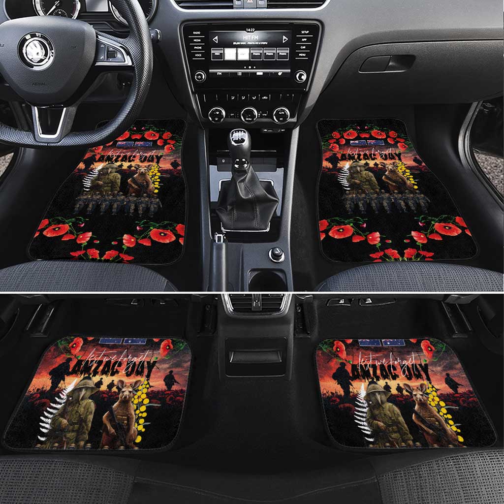 Australia and New Zealand ANZAC Day Car Mats Kangaroo and Kiwi Bird Soldier - Forever in My Thoughts LT03 Set 4pcs Black - Polynesian Pride