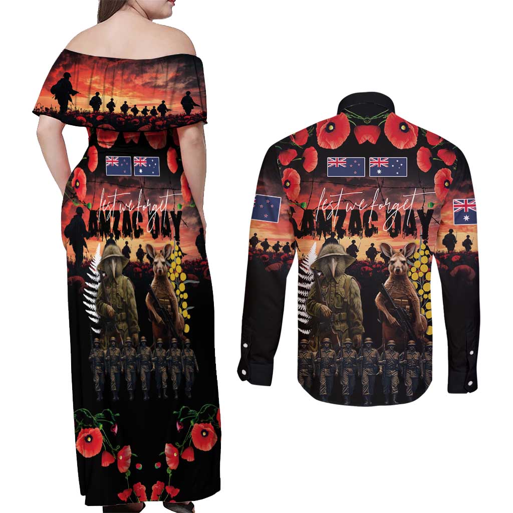 Australia and New Zealand ANZAC Day Couples Matching Off Shoulder Maxi Dress and Long Sleeve Button Shirt Kangaroo and Kiwi Bird Soldier - Forever in My Thoughts LT03 - Polynesian Pride