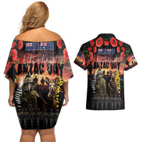 Australia and New Zealand ANZAC Day Couples Matching Off Shoulder Short Dress and Hawaiian Shirt Kangaroo and Kiwi Bird Soldier - Forever in My Thoughts LT03 - Polynesian Pride