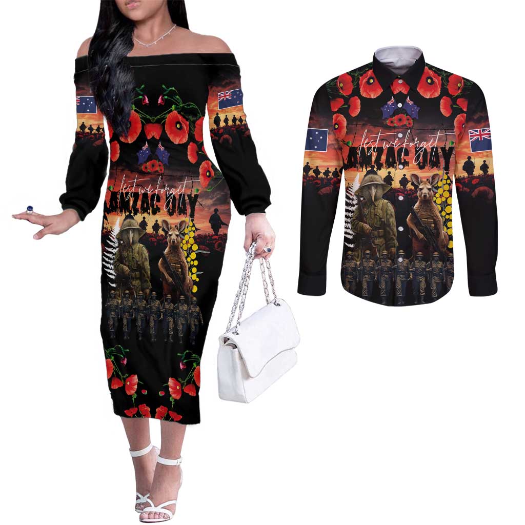 Australia and New Zealand ANZAC Day Couples Matching Off The Shoulder Long Sleeve Dress and Long Sleeve Button Shirt Kangaroo and Kiwi Bird Soldier - Forever in My Thoughts LT03 Black - Polynesian Pride