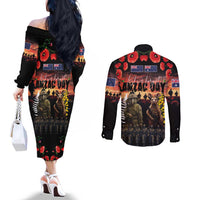 Australia and New Zealand ANZAC Day Couples Matching Off The Shoulder Long Sleeve Dress and Long Sleeve Button Shirt Kangaroo and Kiwi Bird Soldier - Forever in My Thoughts LT03 - Polynesian Pride