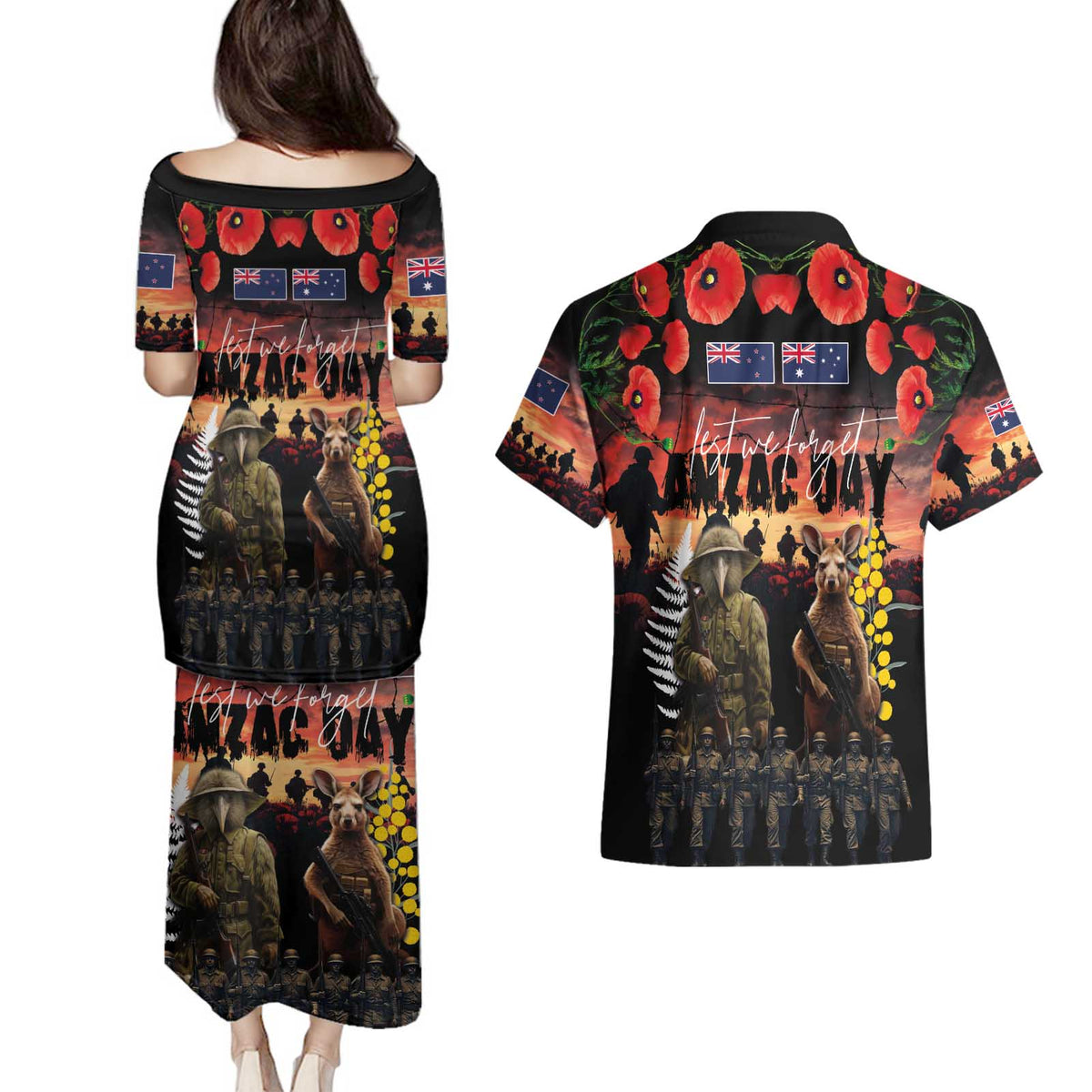 Australia and New Zealand ANZAC Day Couples Matching Puletasi and Hawaiian Shirt Kangaroo and Kiwi Bird Soldier - Forever in My Thoughts LT03 - Polynesian Pride