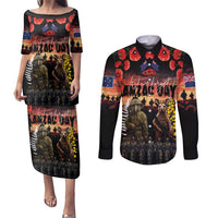 Australia and New Zealand ANZAC Day Couples Matching Puletasi and Long Sleeve Button Shirt Kangaroo and Kiwi Bird Soldier - Forever in My Thoughts LT03 Black - Polynesian Pride