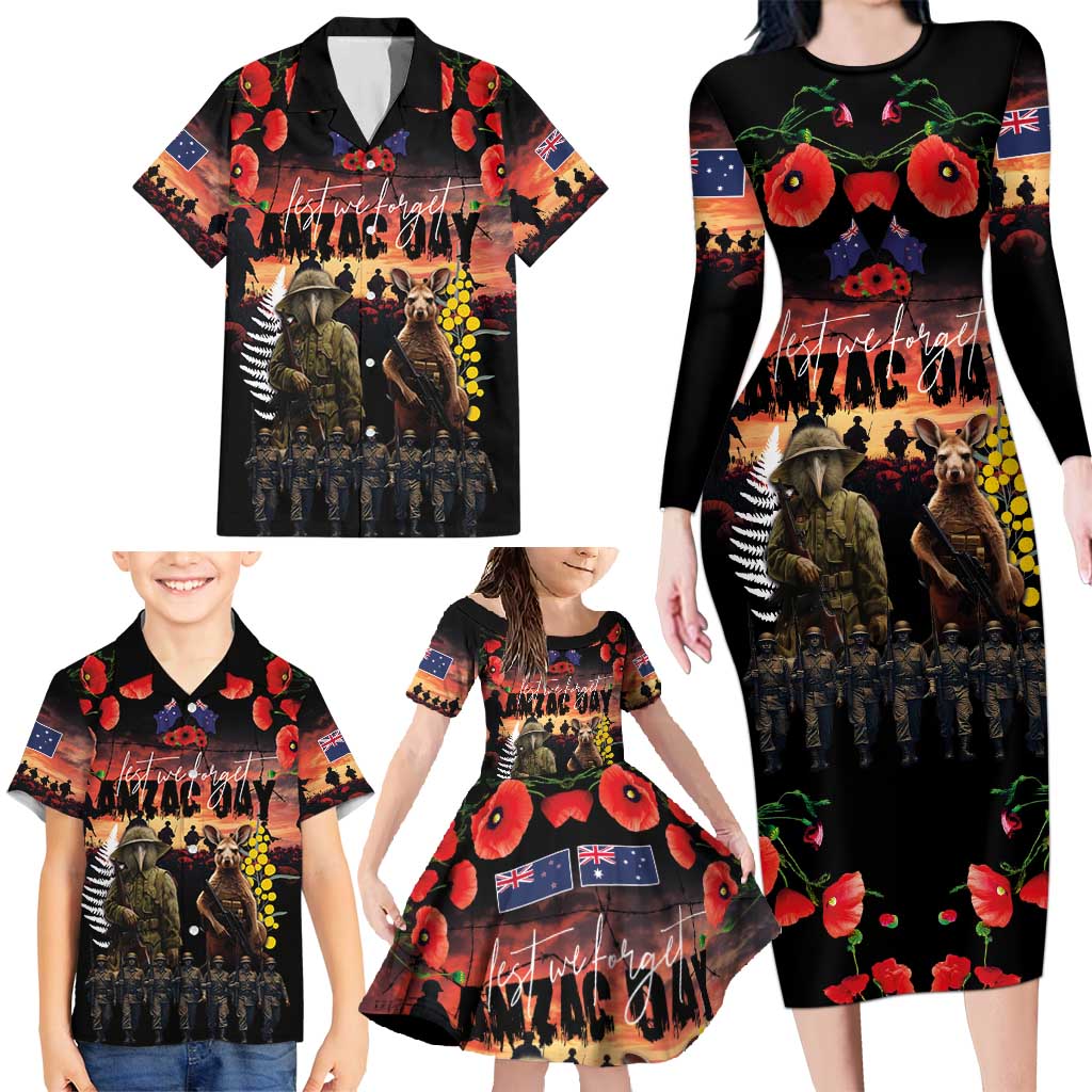 Australia and New Zealand ANZAC Day Family Matching Long Sleeve Bodycon Dress and Hawaiian Shirt Kangaroo and Kiwi Bird Soldier - Forever in My Thoughts LT03 - Polynesian Pride