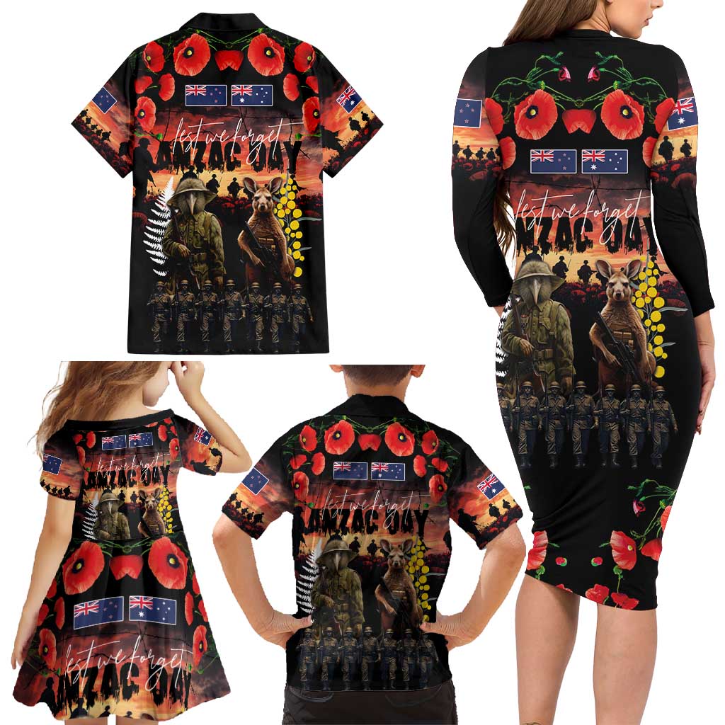 Australia and New Zealand ANZAC Day Family Matching Long Sleeve Bodycon Dress and Hawaiian Shirt Kangaroo and Kiwi Bird Soldier - Forever in My Thoughts LT03 - Polynesian Pride