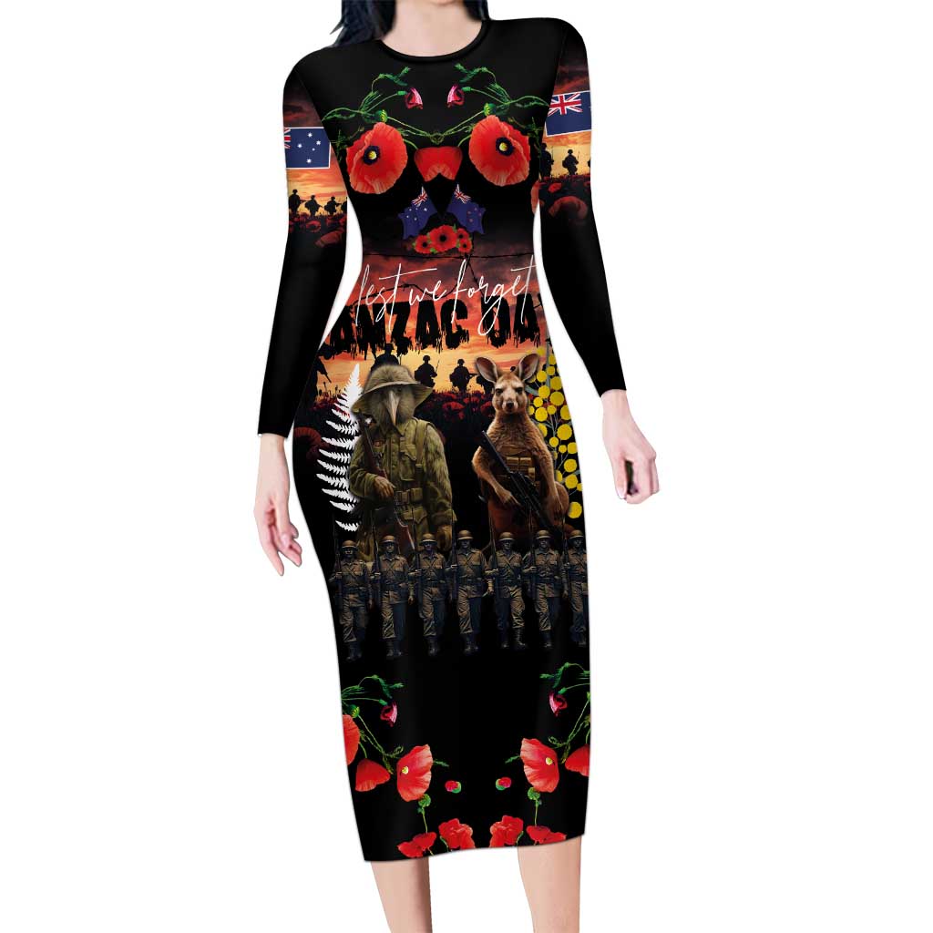 Australia and New Zealand ANZAC Day Family Matching Long Sleeve Bodycon Dress and Hawaiian Shirt Kangaroo and Kiwi Bird Soldier - Forever in My Thoughts LT03 Mom's Dress Black - Polynesian Pride