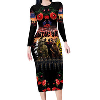 Australia and New Zealand ANZAC Day Family Matching Long Sleeve Bodycon Dress and Hawaiian Shirt Kangaroo and Kiwi Bird Soldier - Forever in My Thoughts LT03 Mom's Dress Black - Polynesian Pride