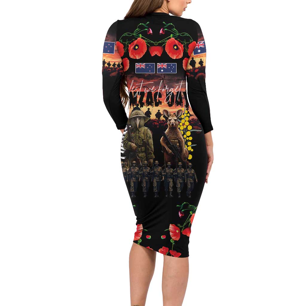 Australia and New Zealand ANZAC Day Family Matching Long Sleeve Bodycon Dress and Hawaiian Shirt Kangaroo and Kiwi Bird Soldier - Forever in My Thoughts LT03 - Polynesian Pride