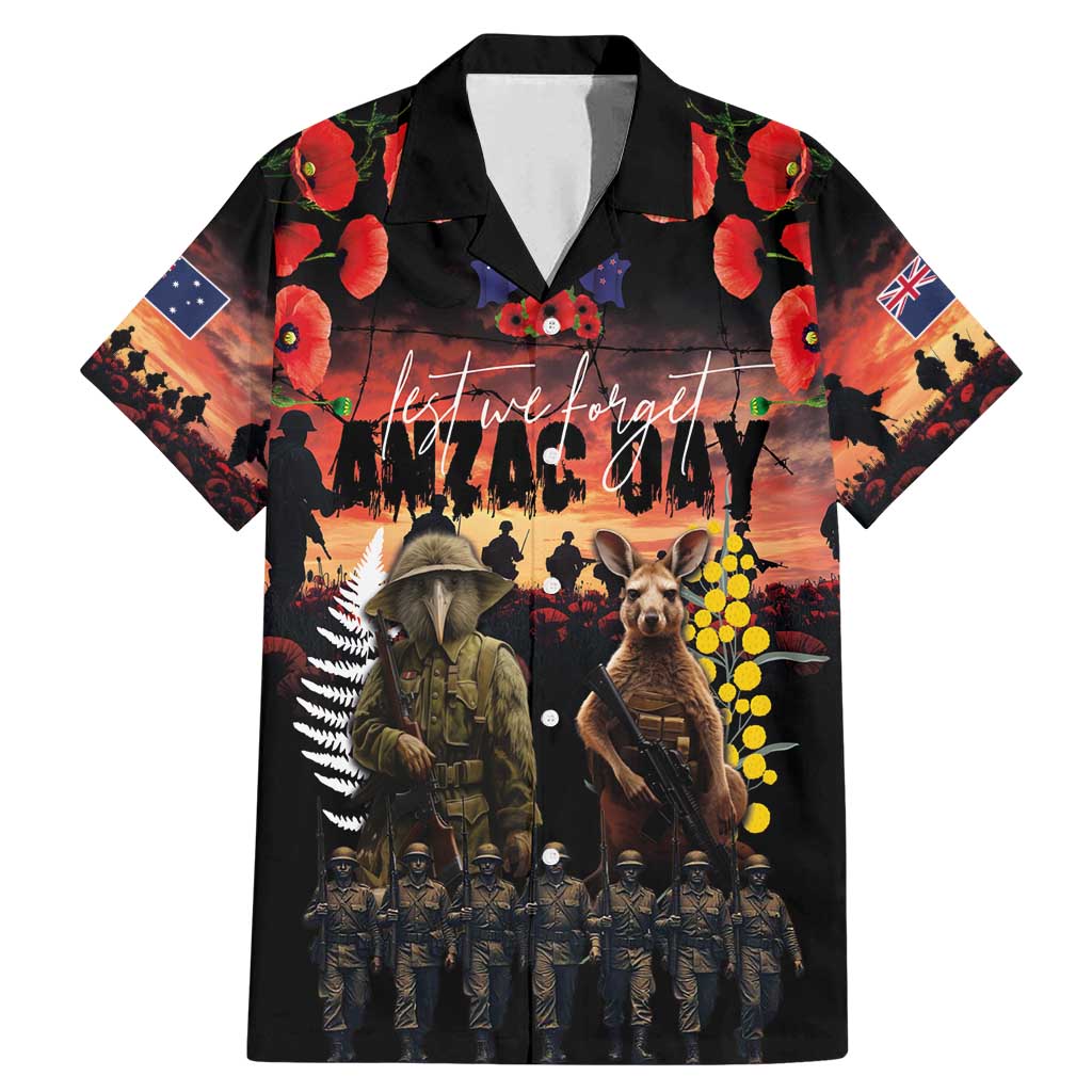 Australia and New Zealand ANZAC Day Family Matching Mermaid Dress and Hawaiian Shirt Kangaroo and Kiwi Bird Soldier - Forever in My Thoughts LT03 Dad's Shirt - Short Sleeve Black - Polynesian Pride