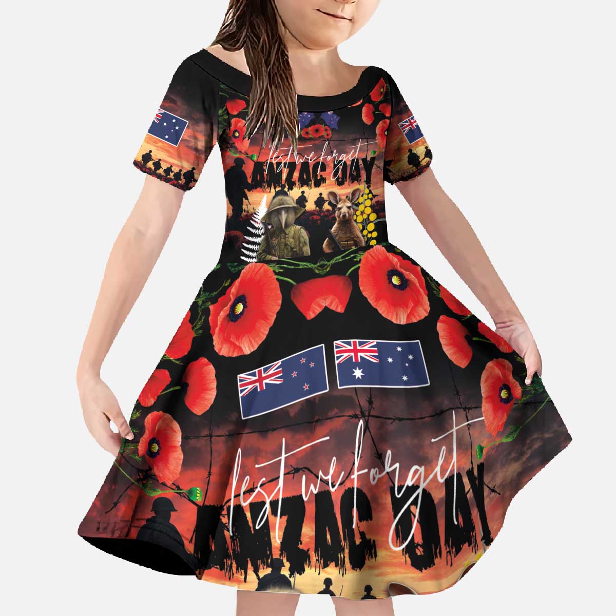 Australia and New Zealand ANZAC Day Family Matching Off The Shoulder Long Sleeve Dress and Hawaiian Shirt Kangaroo and Kiwi Bird Soldier - Forever in My Thoughts LT03 Daughter's Dress Black - Polynesian Pride