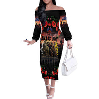 Australia and New Zealand ANZAC Day Family Matching Off The Shoulder Long Sleeve Dress and Hawaiian Shirt Kangaroo and Kiwi Bird Soldier - Forever in My Thoughts LT03 Mom's Dress Black - Polynesian Pride