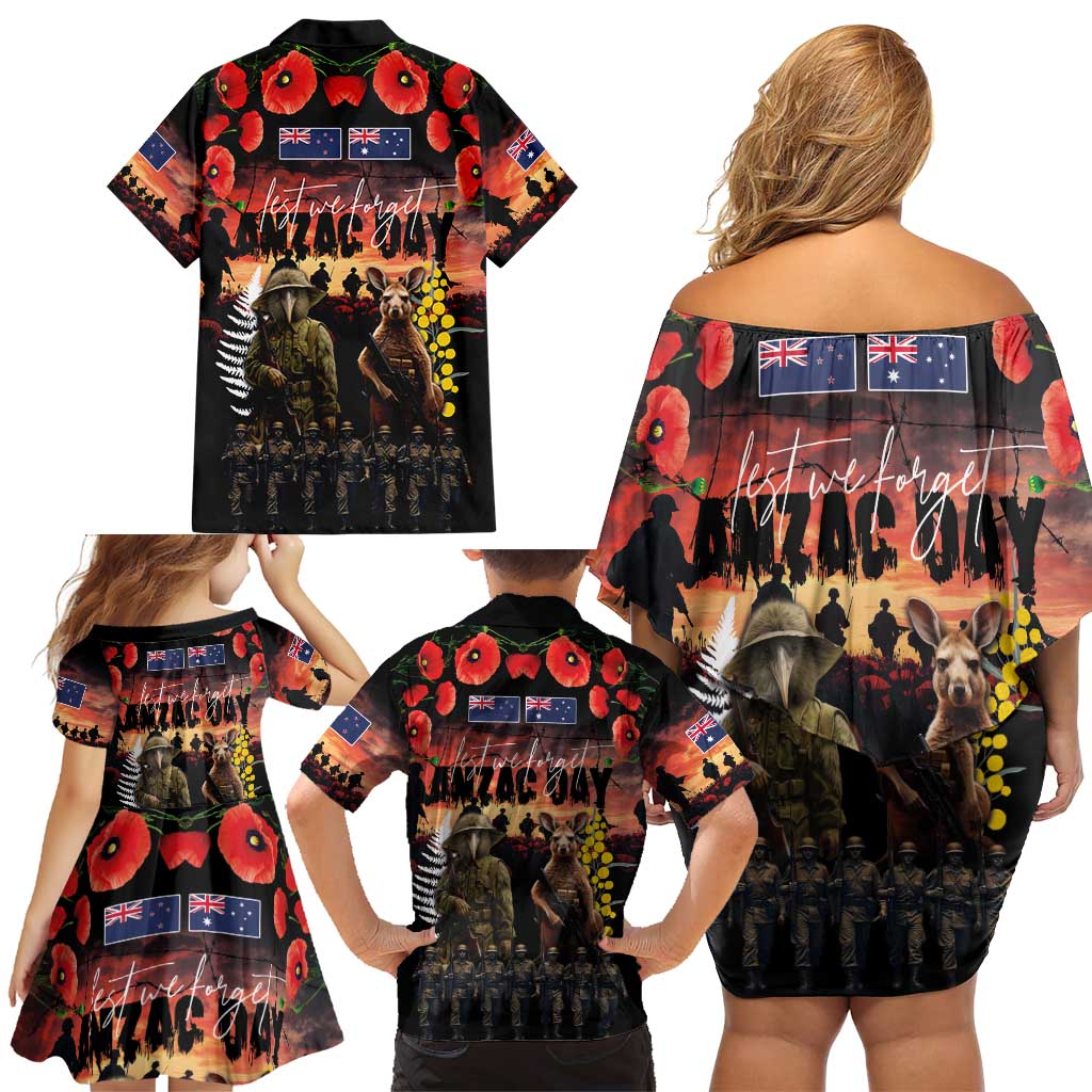 Australia and New Zealand ANZAC Day Family Matching Off Shoulder Short Dress and Hawaiian Shirt Kangaroo and Kiwi Bird Soldier - Forever in My Thoughts LT03 - Polynesian Pride