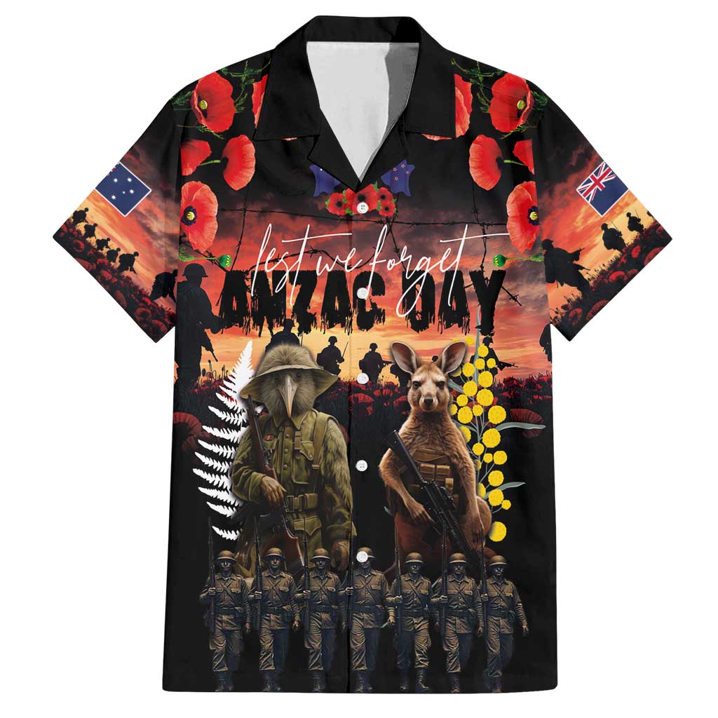 Australia and New Zealand ANZAC Day Family Matching Off Shoulder Short Dress and Hawaiian Shirt Kangaroo and Kiwi Bird Soldier - Forever in My Thoughts LT03 Dad's Shirt - Short Sleeve Black - Polynesian Pride
