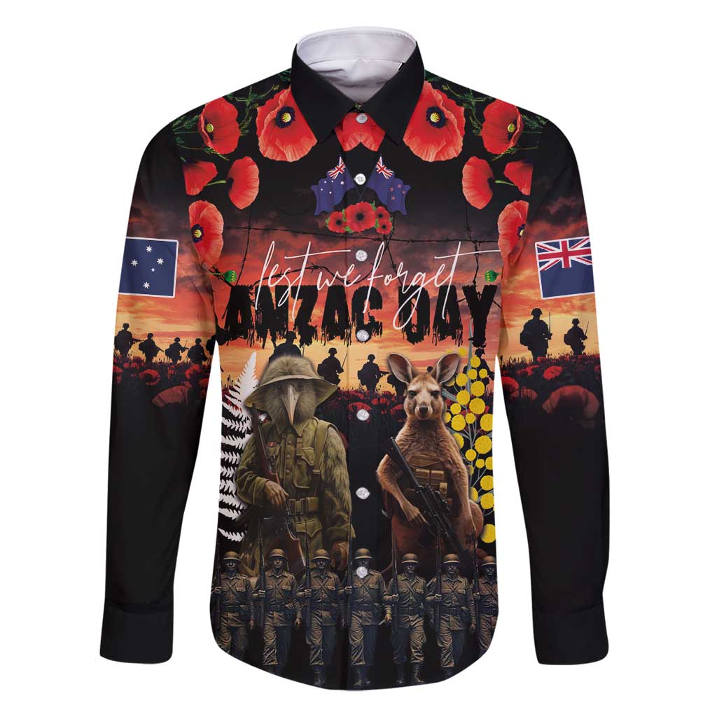 Australia and New Zealand ANZAC Day Family Matching Off Shoulder Short Dress and Hawaiian Shirt Kangaroo and Kiwi Bird Soldier - Forever in My Thoughts LT03 Dad's Shirt - Long Sleeve Black - Polynesian Pride