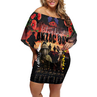 Australia and New Zealand ANZAC Day Family Matching Off Shoulder Short Dress and Hawaiian Shirt Kangaroo and Kiwi Bird Soldier - Forever in My Thoughts LT03 Mom's Dress Black - Polynesian Pride