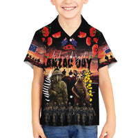 Australia and New Zealand ANZAC Day Family Matching Off Shoulder Short Dress and Hawaiian Shirt Kangaroo and Kiwi Bird Soldier - Forever in My Thoughts LT03 Son's Shirt Black - Polynesian Pride